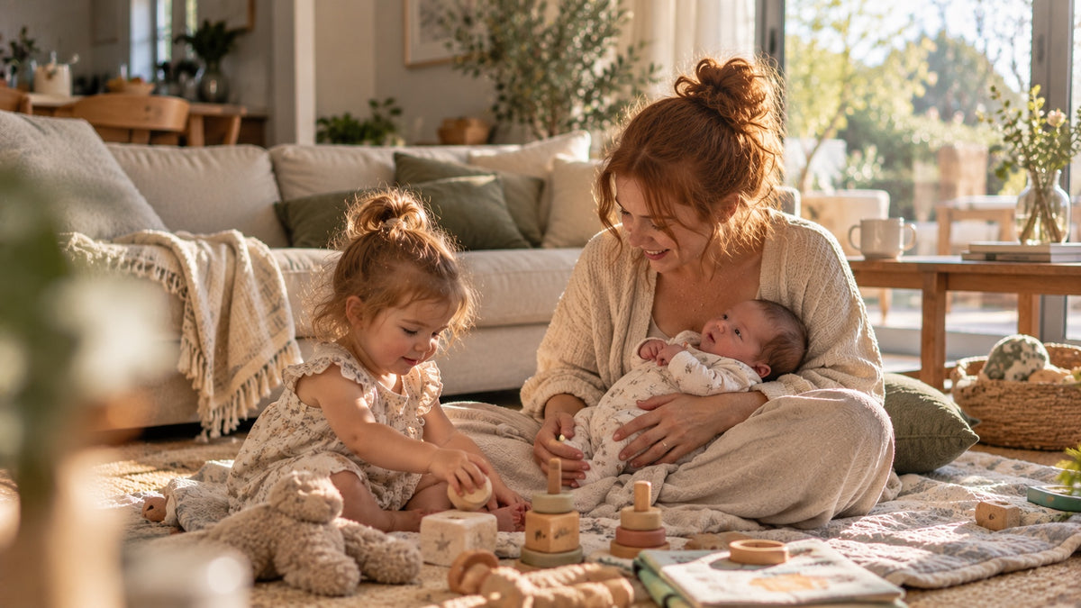 A mother sits on a living room floor holding her newborn while her toddler plays with wooden toys beside her