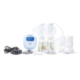 Ameda Mya Joy PLUS breast pump with backlit LCD display showing timer, alongside collection bottles and CustomFit flanges