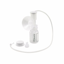 An Ameda HygieniKit milk collection kit laid out, showing the breast flange, connector, tubing, collection bottle, lid and valve