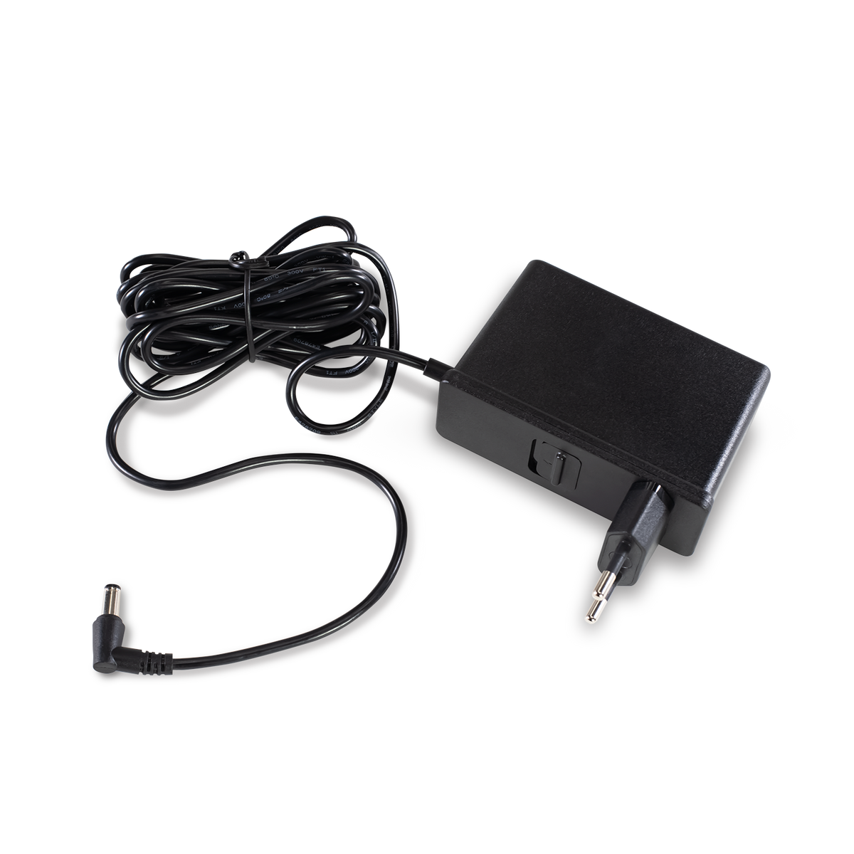 The Ameda Pearl AC power adapter with its coiled lead and right-angle connector, shown with a two round-pin plug fitted