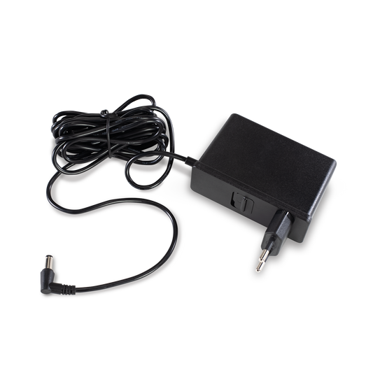 The Ameda Pearl AC power adapter with its coiled lead and right-angle connector, shown with a two round-pin plug fitted