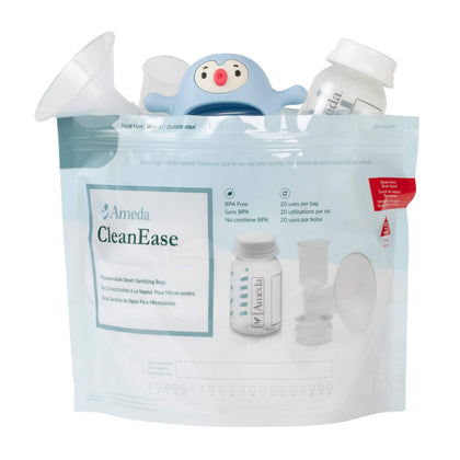 Ameda CleanEase microwavable steam sanitising bag with breast pump parts inside
