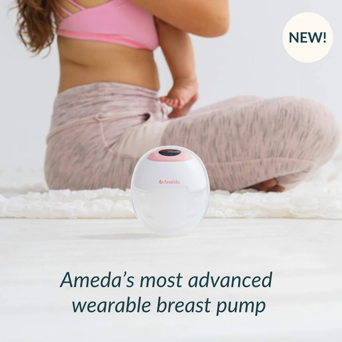 An Ameda GLO pump on a rug beside a seated mother, captioned Ameda's most advanced wearable breast pump
