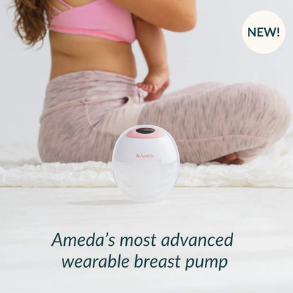 An Ameda GLO pump on a rug beside a seated mother, captioned Ameda's most advanced wearable breast pump