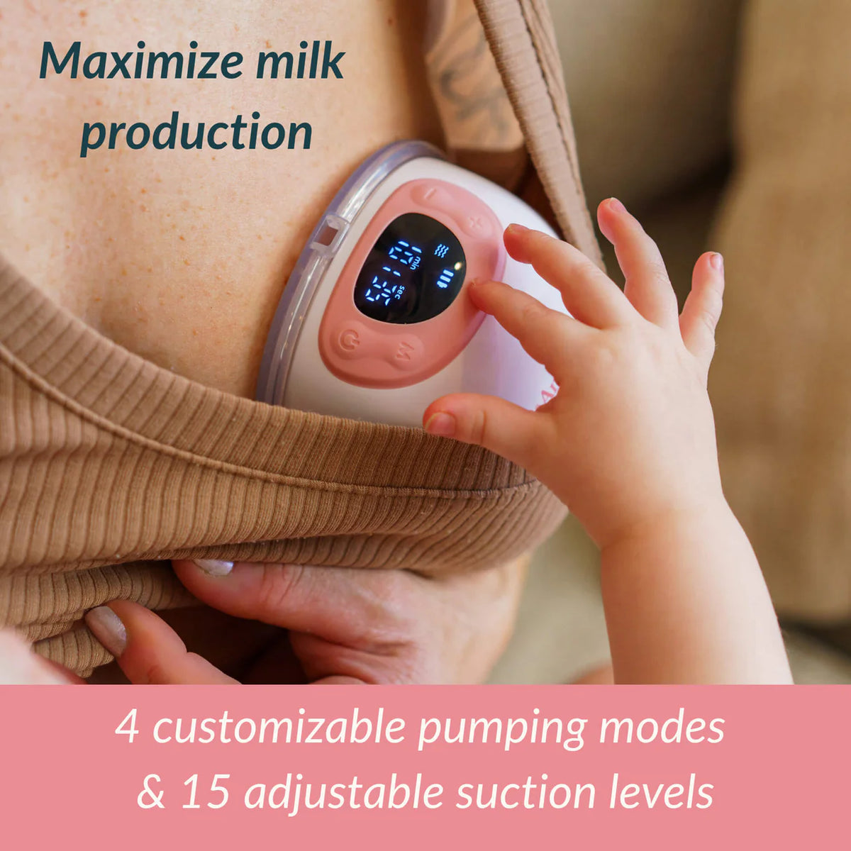 A baby reaching towards an Ameda GLO pump worn inside its mother's top, captioned four pumping modes and fifteen adjustable suction levels