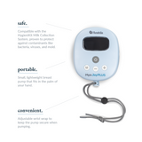 Ameda Mya Joy PLUS features: safe with the HygieniKit closed system, portable and lightweight, and an adjustable wrist lanyard