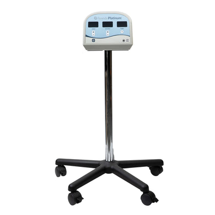 An Ameda Platinum breast pump mounted on the Ameda trolley stand, on a chrome column with a wheeled five-castor base