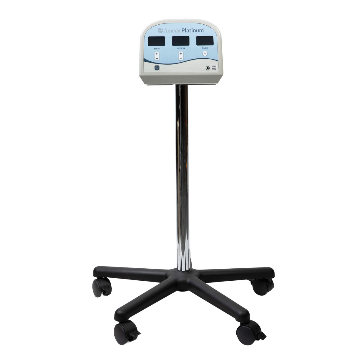 An Ameda Platinum breast pump mounted on the Ameda trolley stand, on a chrome column with a wheeled five-castor base
