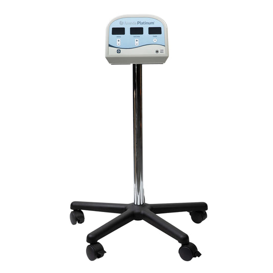 An Ameda Platinum breast pump mounted on the Ameda trolley stand, on a chrome column with a wheeled five-castor base