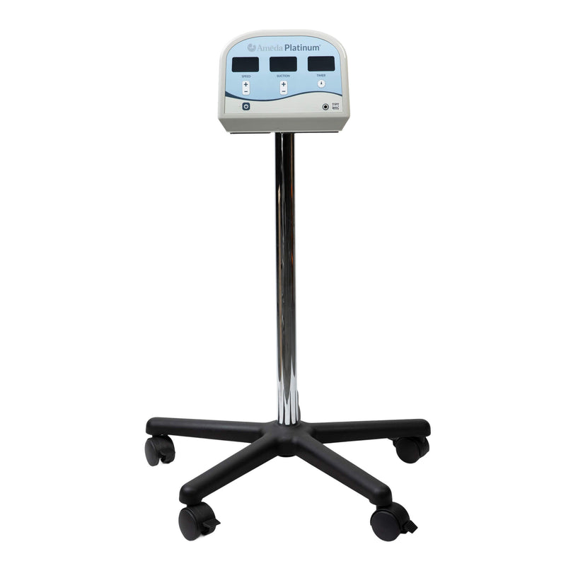 An Ameda Platinum breast pump mounted on the Ameda trolley stand, on a chrome column with a wheeled five-castor base