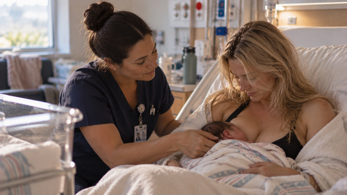 A midwife sits beside a mother on a hospital bed, helping as she feeds her newborn