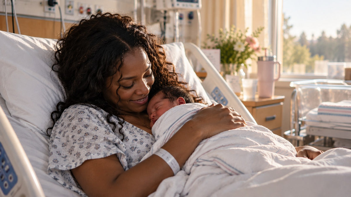 A mother rests in a maternity ward bed, holding her swaddled newborn against her chest, with a bassinet beside her
