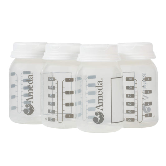 Four Ameda 120mL breast milk storage bottles with lock-tight caps