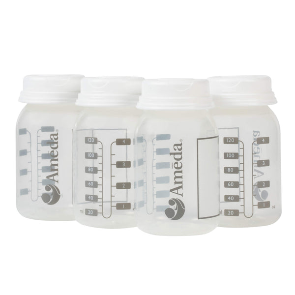 Four Ameda 120mL breast milk storage bottles with lock-tight caps