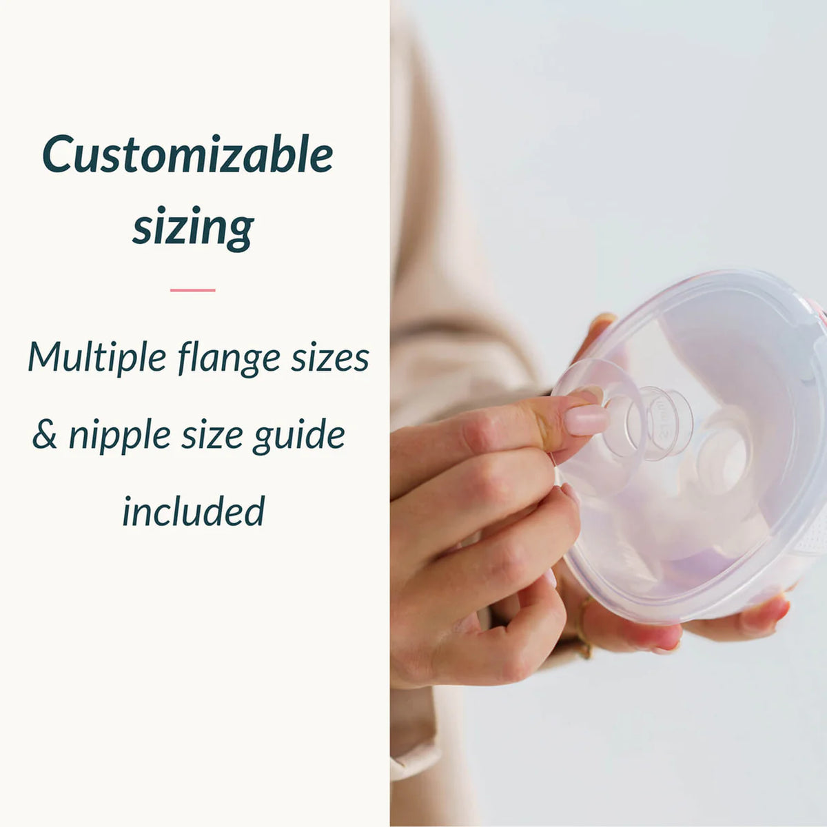 A mother holds an Ameda GLO flange insert. Graphic headed Customisable sizing, describing multiple flange sizes and an included nipple size guide