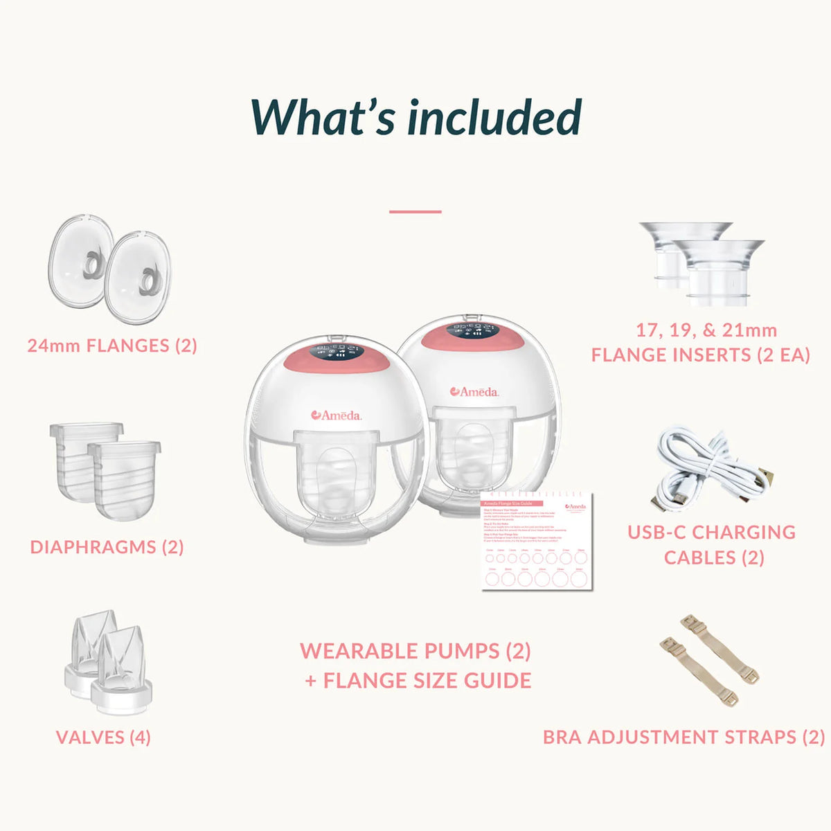 What's included graphic for the Ameda GLO: two wearable pumps with a flange size guide, two 24mm flanges, 17, 19 and 21mm flange inserts in pairs, two diaphragms, four valves, two USB-C charging cables and two bra adjustment straps