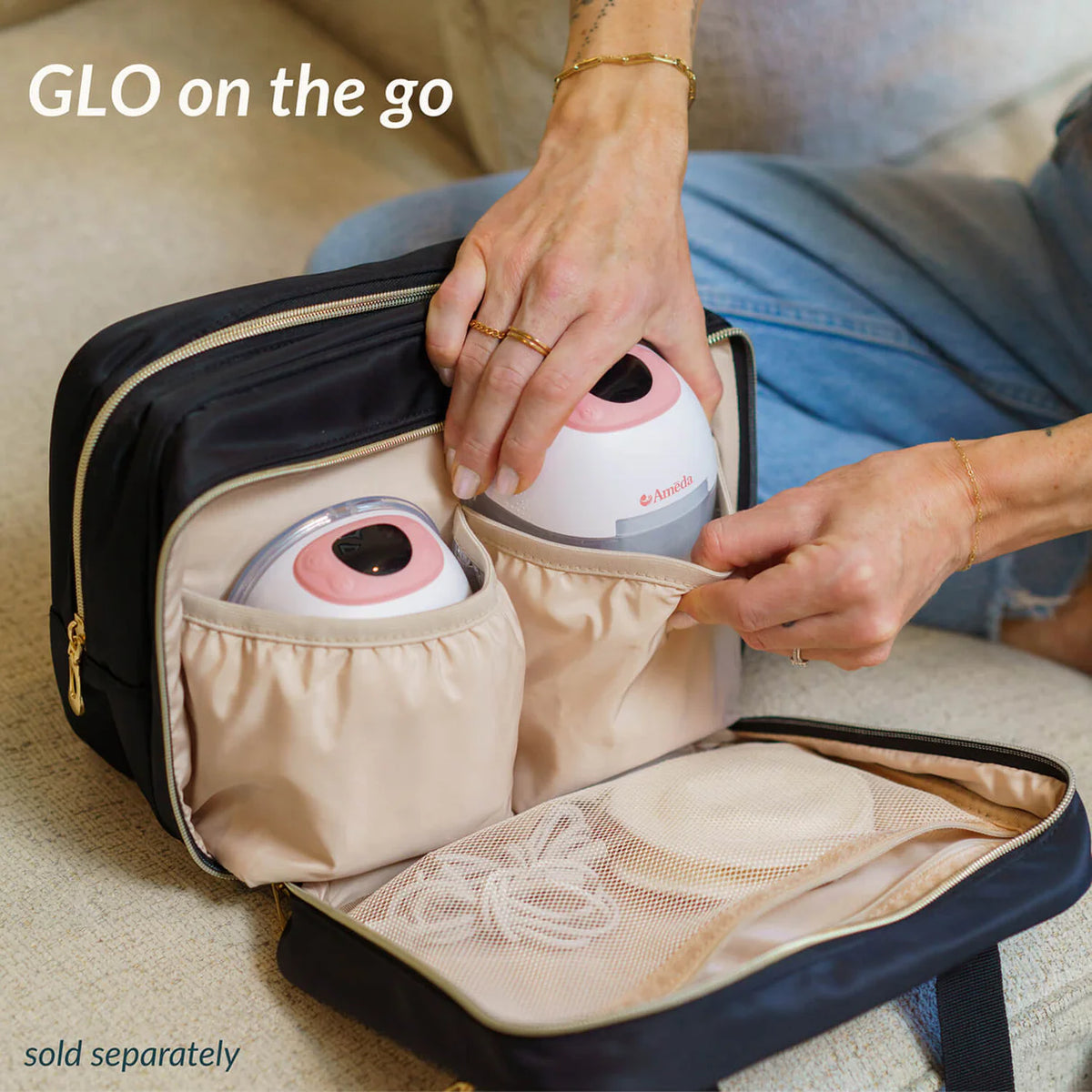 Two Ameda GLO pumps being packed into a black travel case, headed GLO on the go and marked sold separately