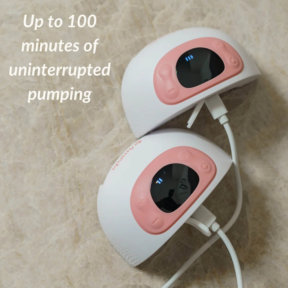 Two Ameda GLO pumps connected to charging cables, captioned up to 100 minutes of uninterrupted pumping