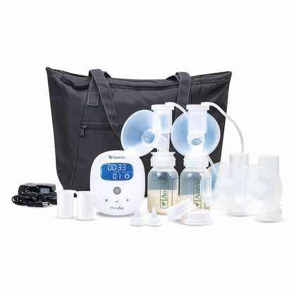 Ameda Mya Joy double electric breast pump with its large tote bag, mains power adapter, Dual HygieniKit Milk Collection System, CustomFit flanges and collection bottles
